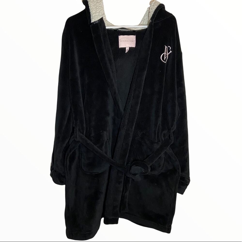 Victoria’s Secret Robe Plush Hooded Sherpa Lined Pockets Waist Tie Black Large